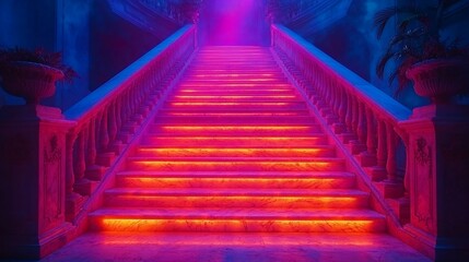 Fototapeta premium Vibrant illuminated staircase in a mystical setting with fog, leading to an unknown destination