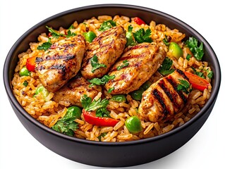Fototapeta premium Grilled chicken and rice bowl home kitchen food photography bright setting close-up healthy eating