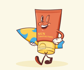 Summer Surfing Retro Cartoon Characters Label. Groovy Surf Board, Sun Screen Cream Illustrations. Beach Personage Walking Smiling Vintage Vector Drawings Logo Isolated