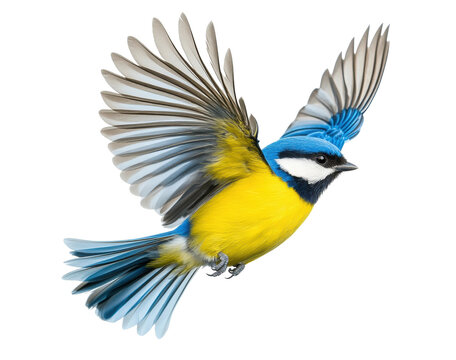 Blue tit bird flying with spread wings, cut out