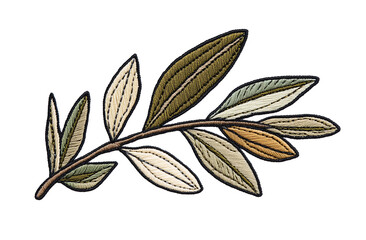 Embroidered patch of an olive leaf, with muted colors on a white background