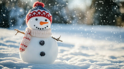 Obraz premium Adorable Snowman Wearing Knit Hat And Scarf In Snow. 