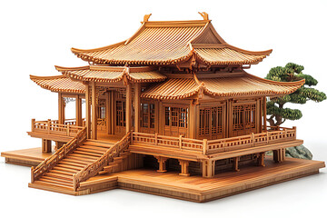 Fototapeta premium Detailed miniature wooden model of a traditional East Asian building with multiple roofs and stairs accompanied by a small tree.