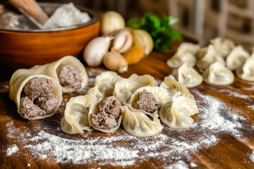 Fototapeta premium Freshly made meat dumplings being rolled on a wooden countertop surrounded by ingredients in a cozy kitchen setting