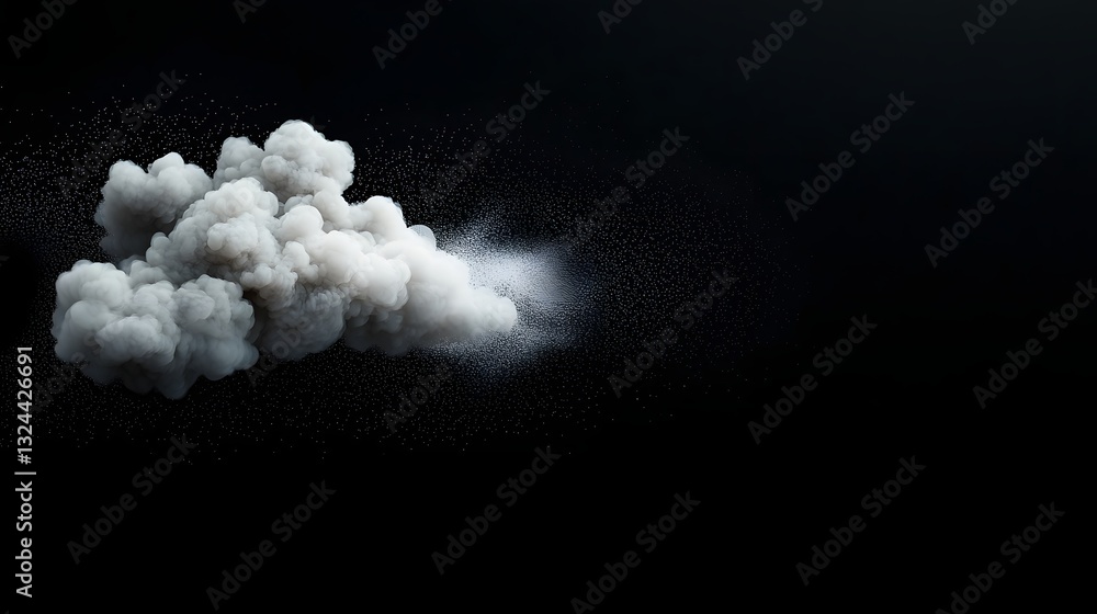 Poster wispy white clouds gently raining against a serene black backdrop creating an ethereal and dreamlike
