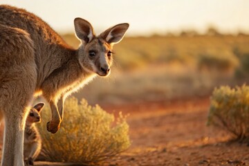 Kangaroo and joey in the australian outback wildlife photography warm sunset environment close-up perspective for nature enthusiasts