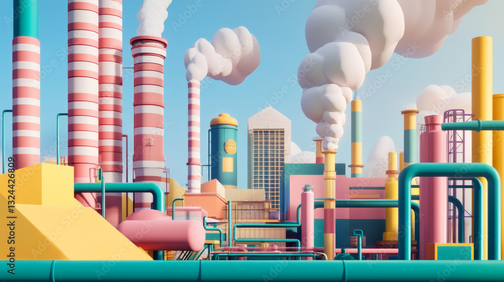 Poster ecological problem low poly art illustration. 3d polygonal factory pipes producing gases. industrial