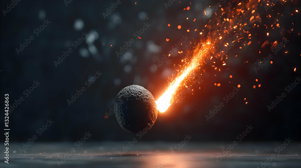 Poster abstract sphere blasted by orange fire sparks against dark gray background with particle effect