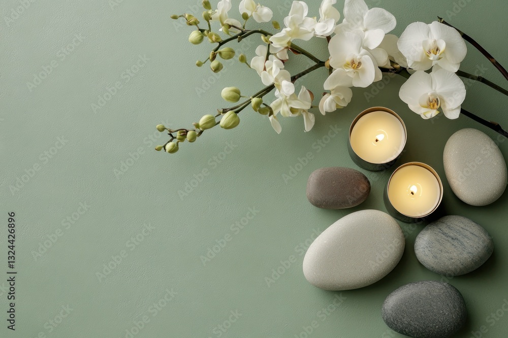 Poster serene composition with white orchids and pebbles on soft green background for relaxation