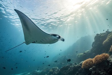 Exploring the graceful manta ray coral reef underwater photography marine environment side view oceanic beauty