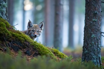 Obraz premium Lynx encounter in tranquil forest wildlife photography serene natural environment close-up perspective on a curious animal