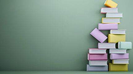 Fototapeta premium Colorful stack of books on a green background some books slightly tilted creating a whimsical library aesthetic.