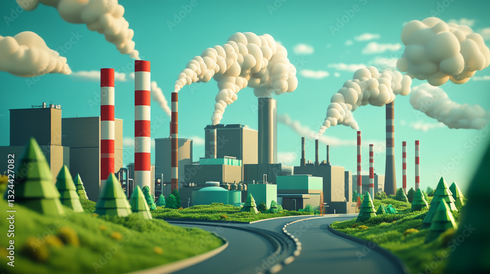 Poster ecological problem low poly art illustration. 3d polygonal factory pipes producing gases. industrial