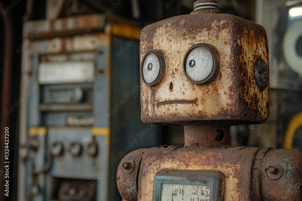 Poster an old rusty robot in an abandoned factory .