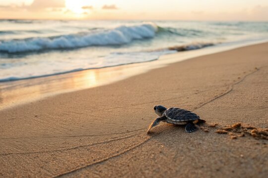 Hatchling sea turtle crawling toward ocean waves on sandy beach at sunrise nature photography coastal environment close-up view wildlife conservation concept