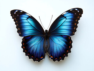 Fototapeta premium A vibrant blue butterfly wings fully extended showcasing intricate patterns and delicate details against a clean bright background.