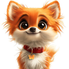 Obraz premium Cute cartoon dog with big eyes a fluffy orange and white coat wearing a red collar smiles sweetly.