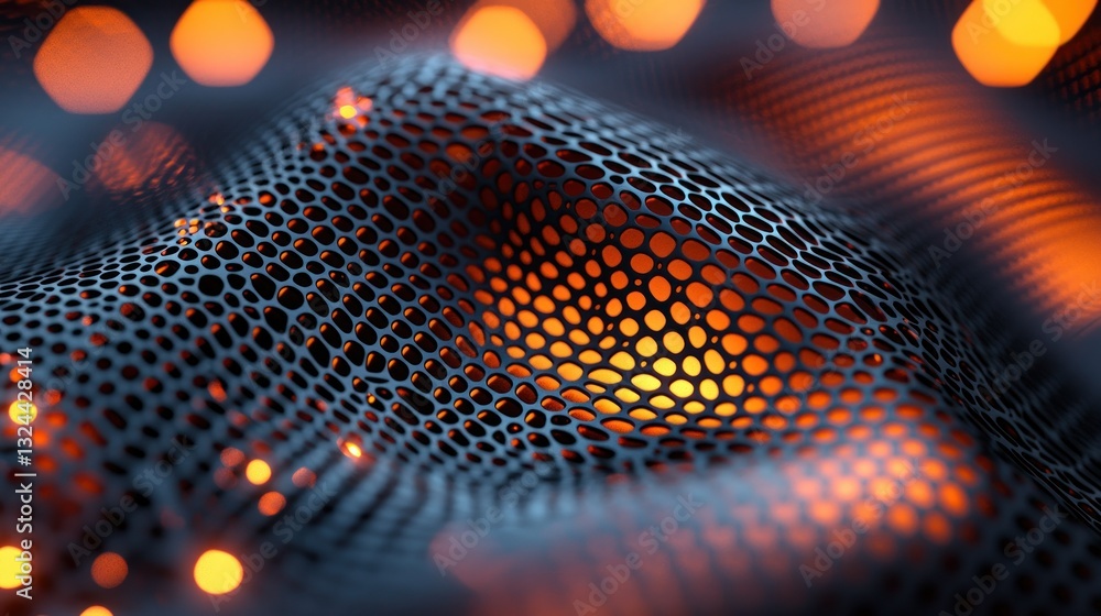Poster wavy, dark hex grid surface glows with orange light and bokeh. depth of field
