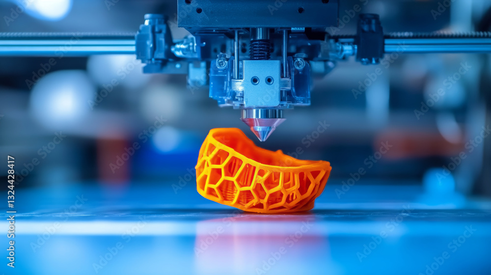 Poster 3d printer abstract model. manufacturing prototype object on 3d printer. filament plastic.engineerin