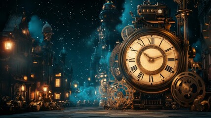Steampunk Clock Cityscape at Night, a vintage-inspired cityscape with a large clock mechanism against a backdrop of illuminated steampunk buildings under a starry sky