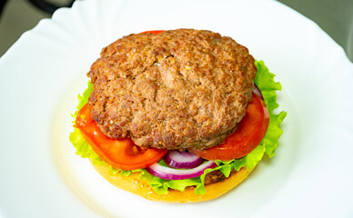 Juicy burger with fresh vegetables served on a white plate