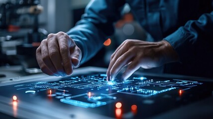 Close-up of a CNC machine operator adjusting settings, touchscreen interface glowing