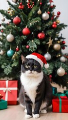 The image shows a black and white cat sitting in front of a Christmas tree. The cat is wearing a red Santa hat with a white pom-pom on top. The tree is decorated with red, gold, and silver ornaments, 