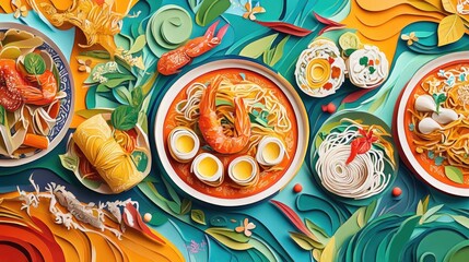 Colorful Food Spread with Noodles, Seafood, and Fresh Ingredients