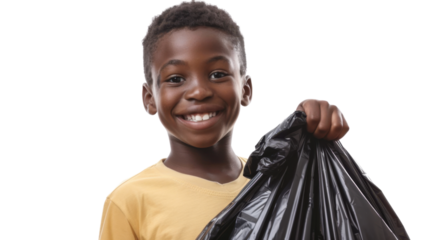 Young boy holding a garbage bag and smiling on transparent background