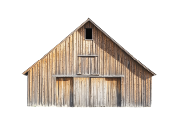 A rustic wooden barn stands majestically against a bright sky in a serene countryside setting isolated on transparent background