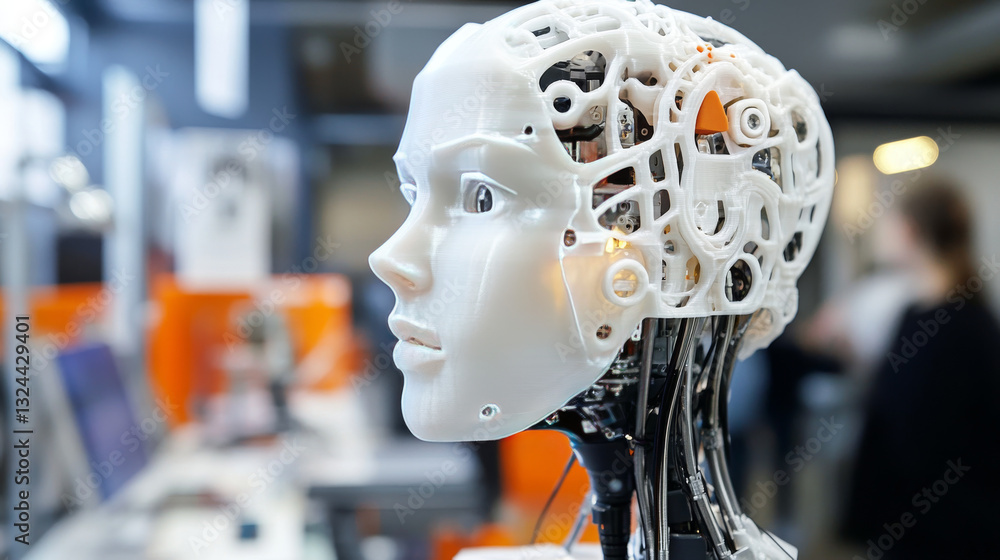 Poster 3d printing workshop. 3d printer printed robot head. robot parts manufacturing with additive technol