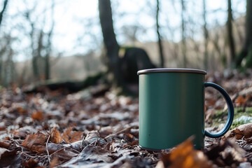 Camping mug with coffee in the forest