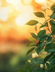 Obraz premium A summer sunset, sunrise background with lush green foliage and orange glow sky with blurred spring bokeh highlights, Generative AI
