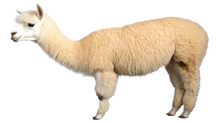 Obraz premium A charming, fluffy alpaca with creamy fur, standing elegantly isolated on a transparent background.