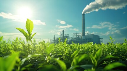 Carbon reduction with bright green plants in the foreground In the background there is an industrial chimney emitting carbon dioxide. It symbolizes the balance between industry and environmental sust