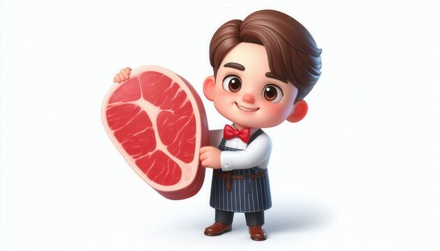 Cute cartoon butcher boy with meat cut fun art illustration whimsical style bright colors