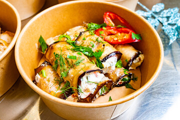 Delicious eggplant rolls filled with creamy cheese and herbs