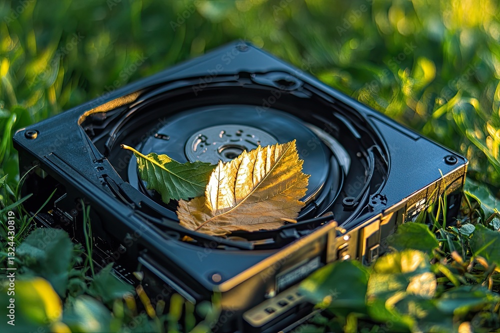 Poster a hard disk drive with a bitcoin and a chia leaf on its surface surrounded by grass