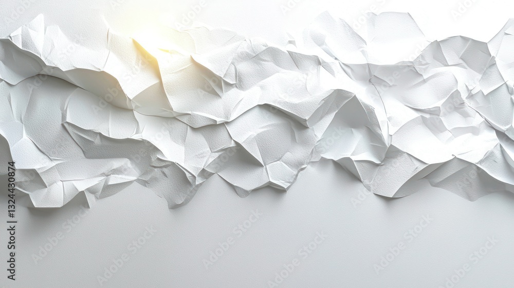 Poster white, crumpled abstract paper with light creating textured, dynamic design