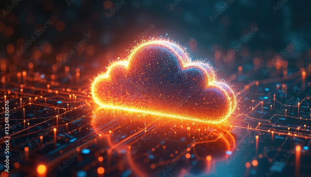 Poster Futuristic digital rendering of glowing cloud icon surrounded by data streams, cloud computing, data storage, global tech. Virtual network shows online connectivity, modern information transfer,