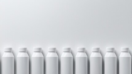 White bottles stand in a row against blank background, top-down perspective