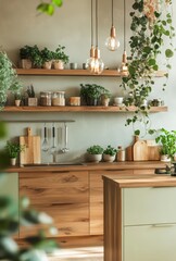 Fototapeta premium Bright and Airy Modern Kitchen with Wooden Shelves, Fresh Herbs, and Green Plants Under Stylish Light Fixtures in Tranquil Nature-Inspired Decor
