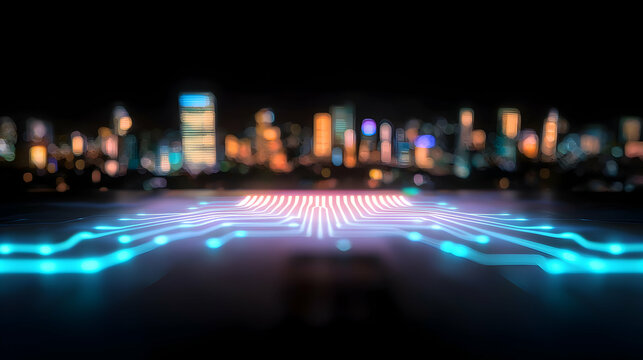 Digital circuit board is lighting up with glowing city in the background