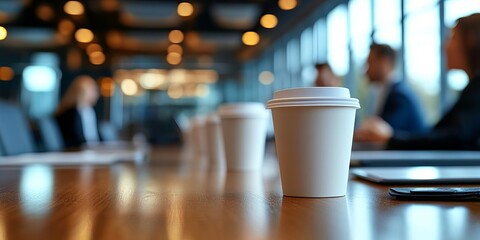 close-up of coffee cups on a table in a meeting room.
