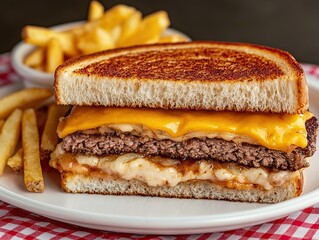 Indulgent cheeseburger feast with golden fries diner setting food photography cozy vibe close-up view