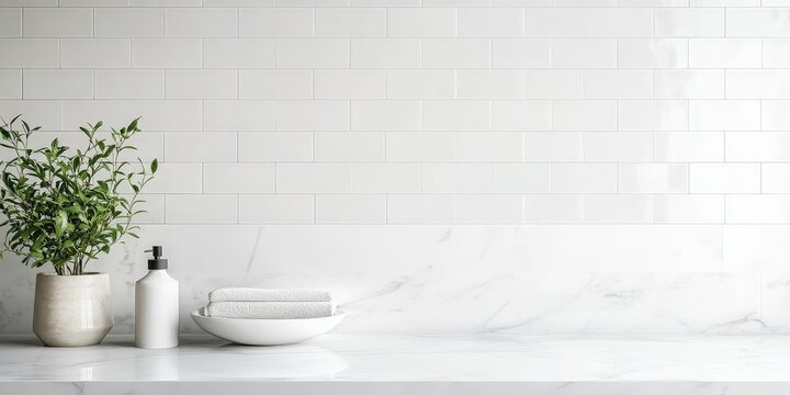 Clean, minimalist design featuring tiled wall and marble.