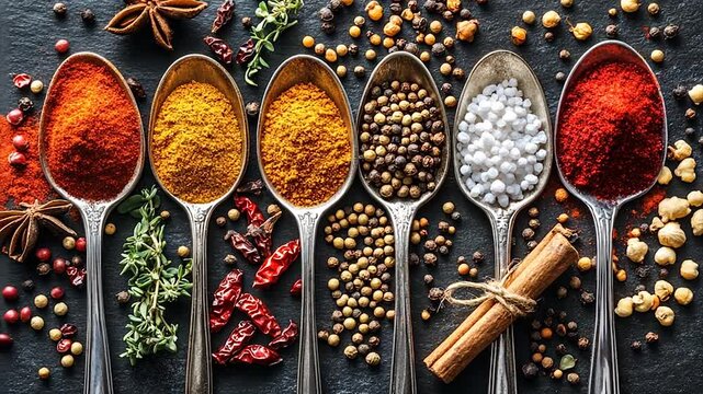 Colorful assortment of spices in silver spoons on a dark background