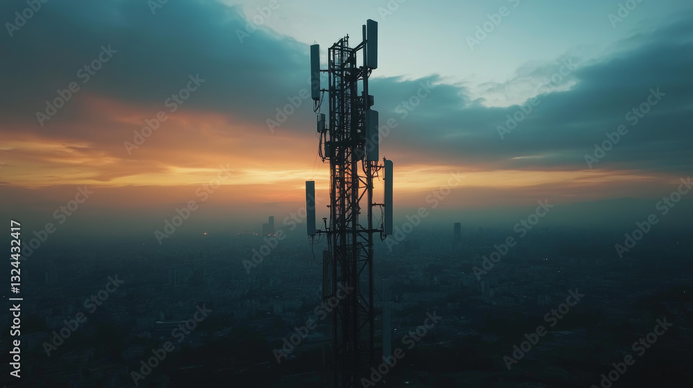Poster 5g tower communication antenna. fast speed station of wireless mobile internet . transmitter transfe