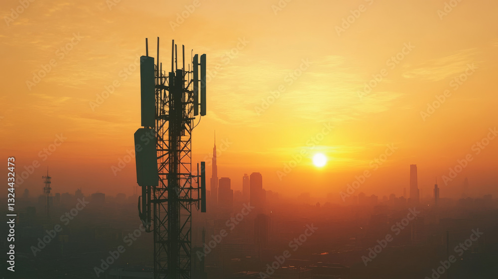Poster 5g tower communication antenna. fast speed station of wireless mobile internet . transmitter transfe