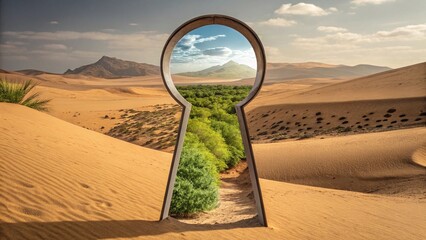 Keyhole in a desert landscape revealing a lush green valley beyond, symbolizing opportunity and discovery in unexpected places